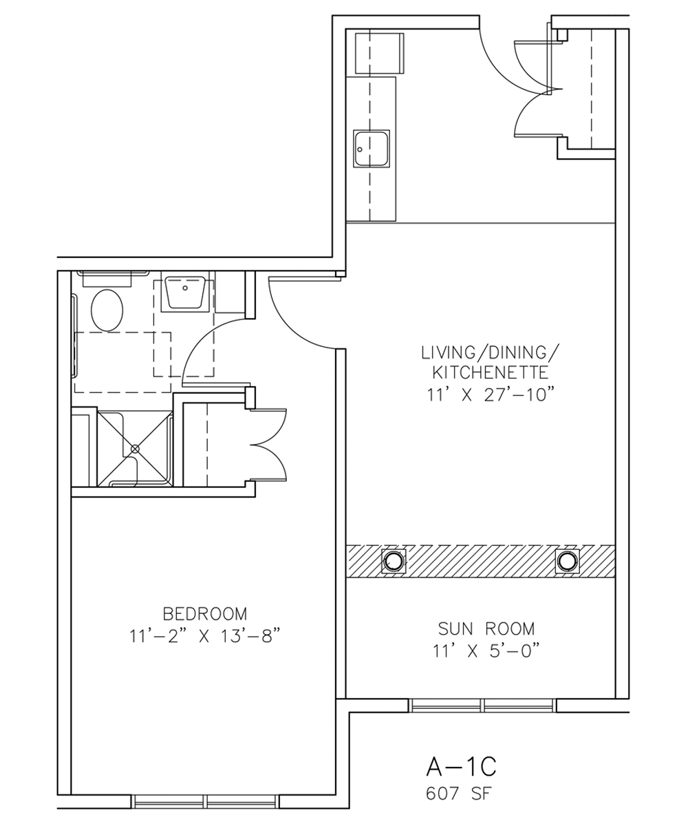 A-1C - One Bedroom - 607 sf