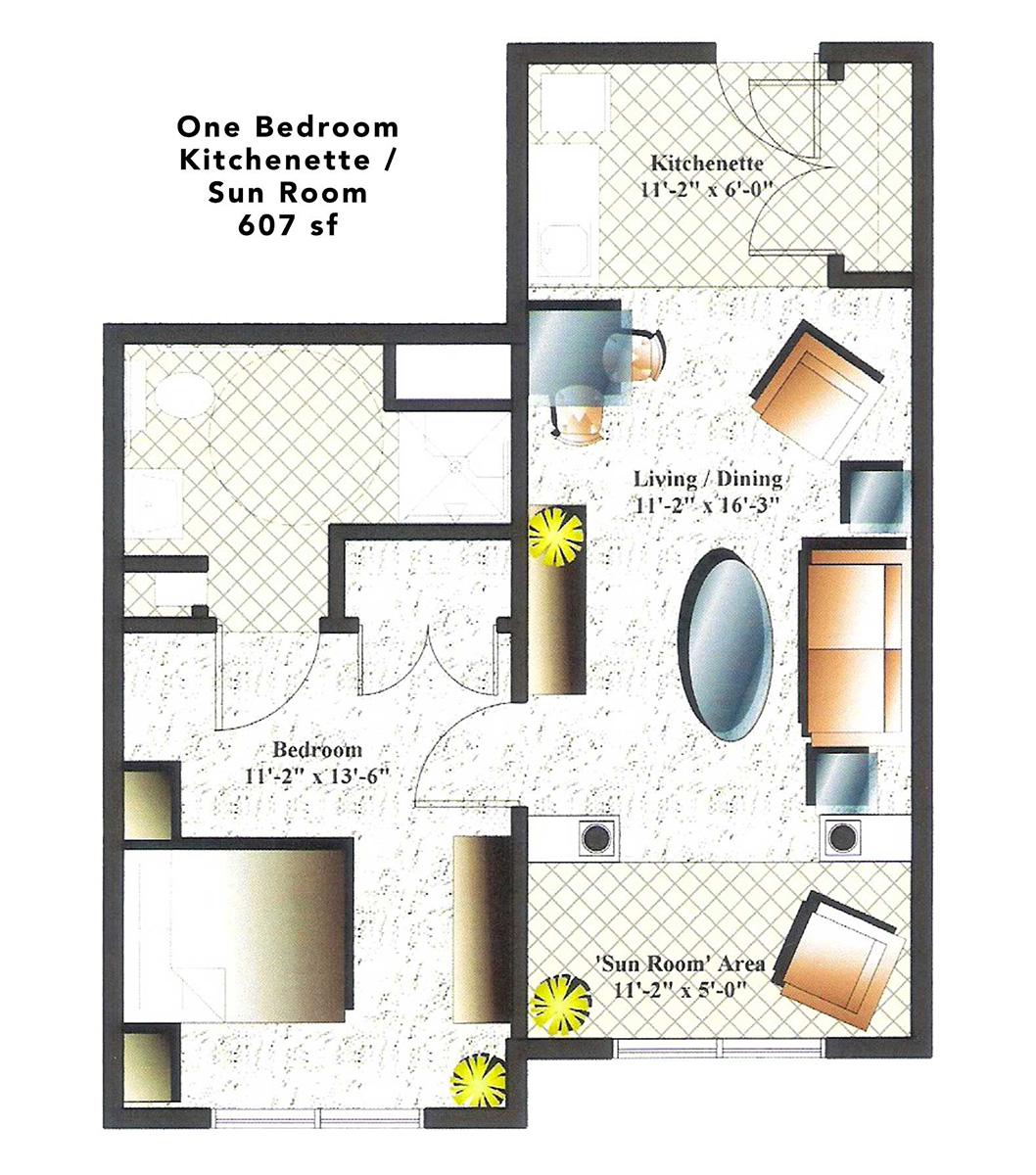 One Bedroom / Kitchenette 607 sf