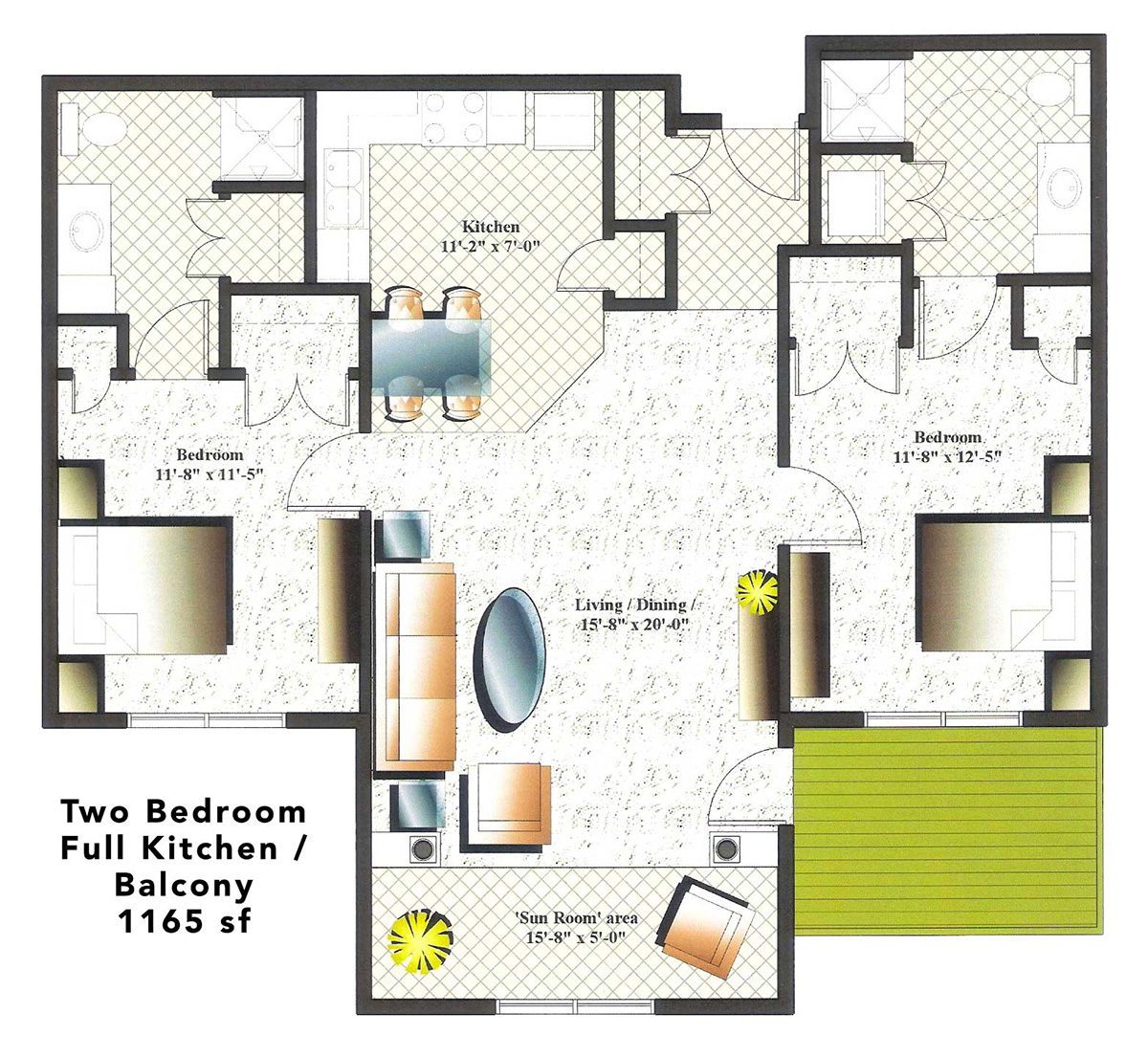 Two Bedroom / Full Kitchen / Balcony 1165 sf