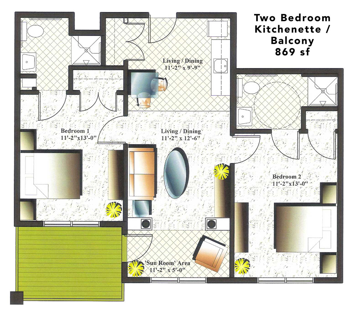 Two Bedroom / Kitchenette / Balcony 869 sf