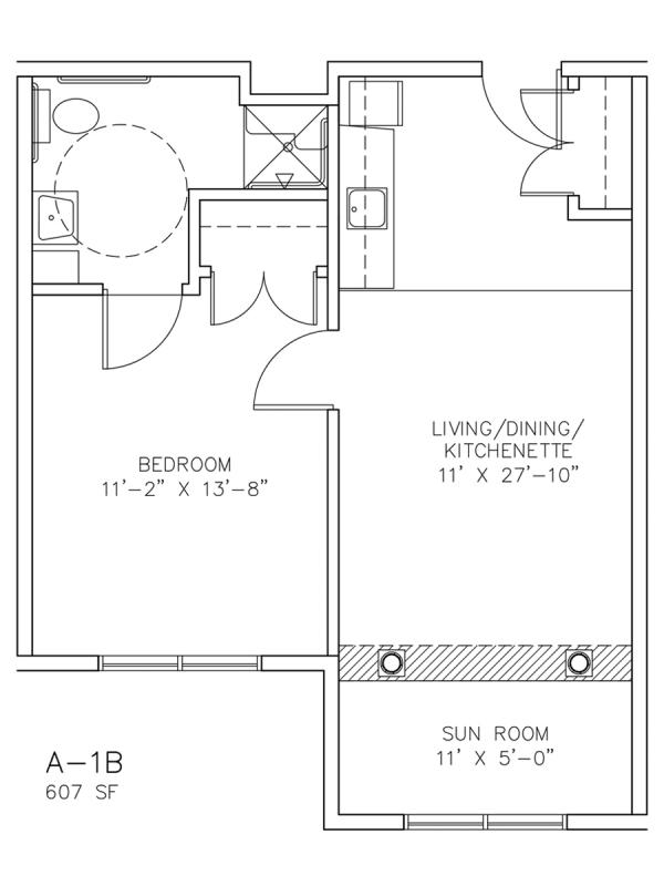 A-1B - One Bedroom - 607 sf