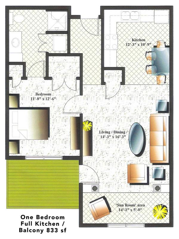 One Bedroom / Full Kitchen / Balcony 833 sf