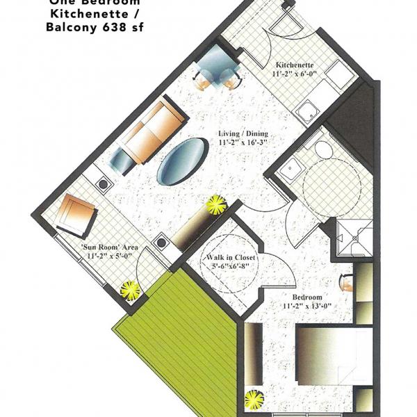 One Bedroom / Kitchenette / Balcony 638 sf